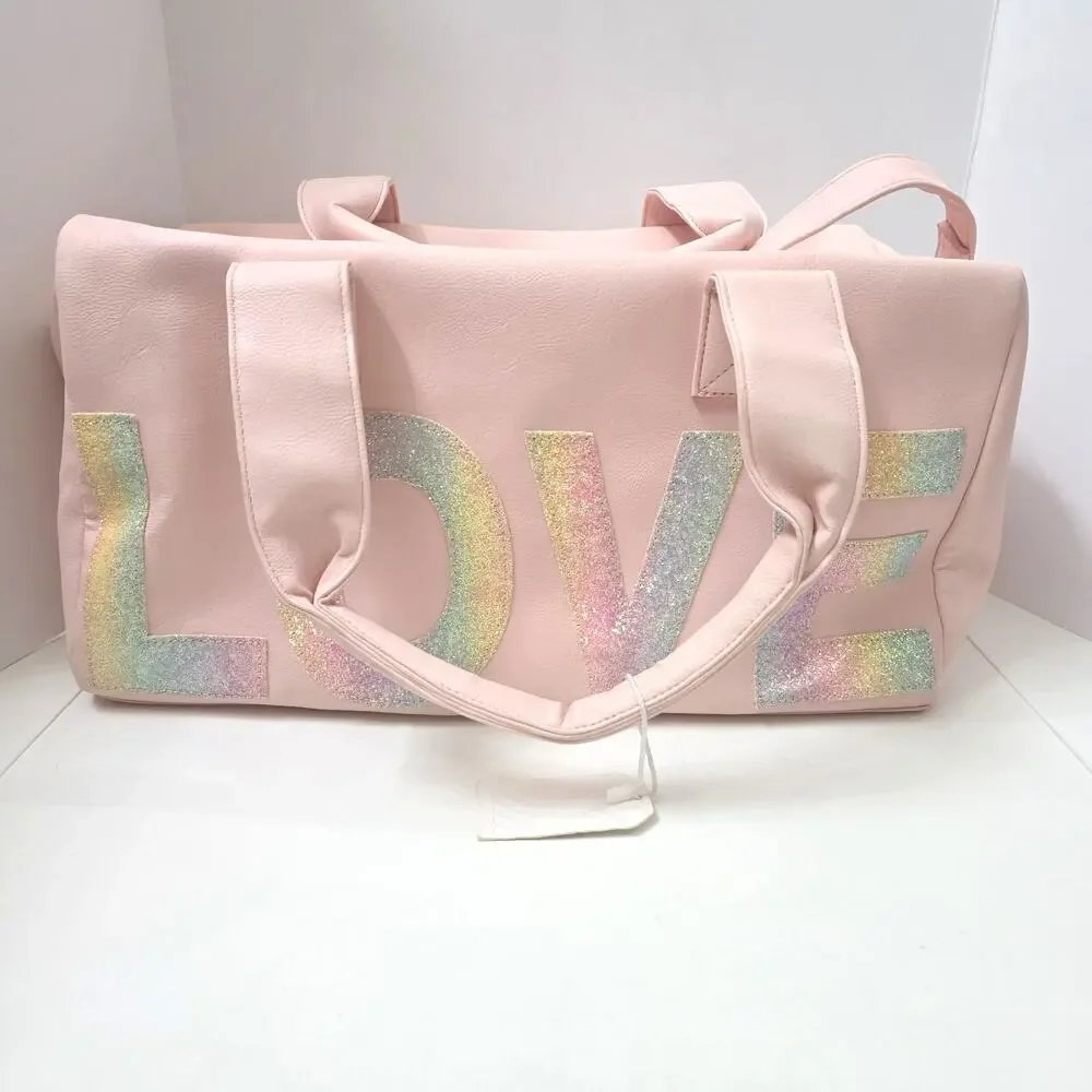 OMG Pink LOVE Weekender Duffel Dance Bag Glitter Travel Overnight Tote 18x10×9